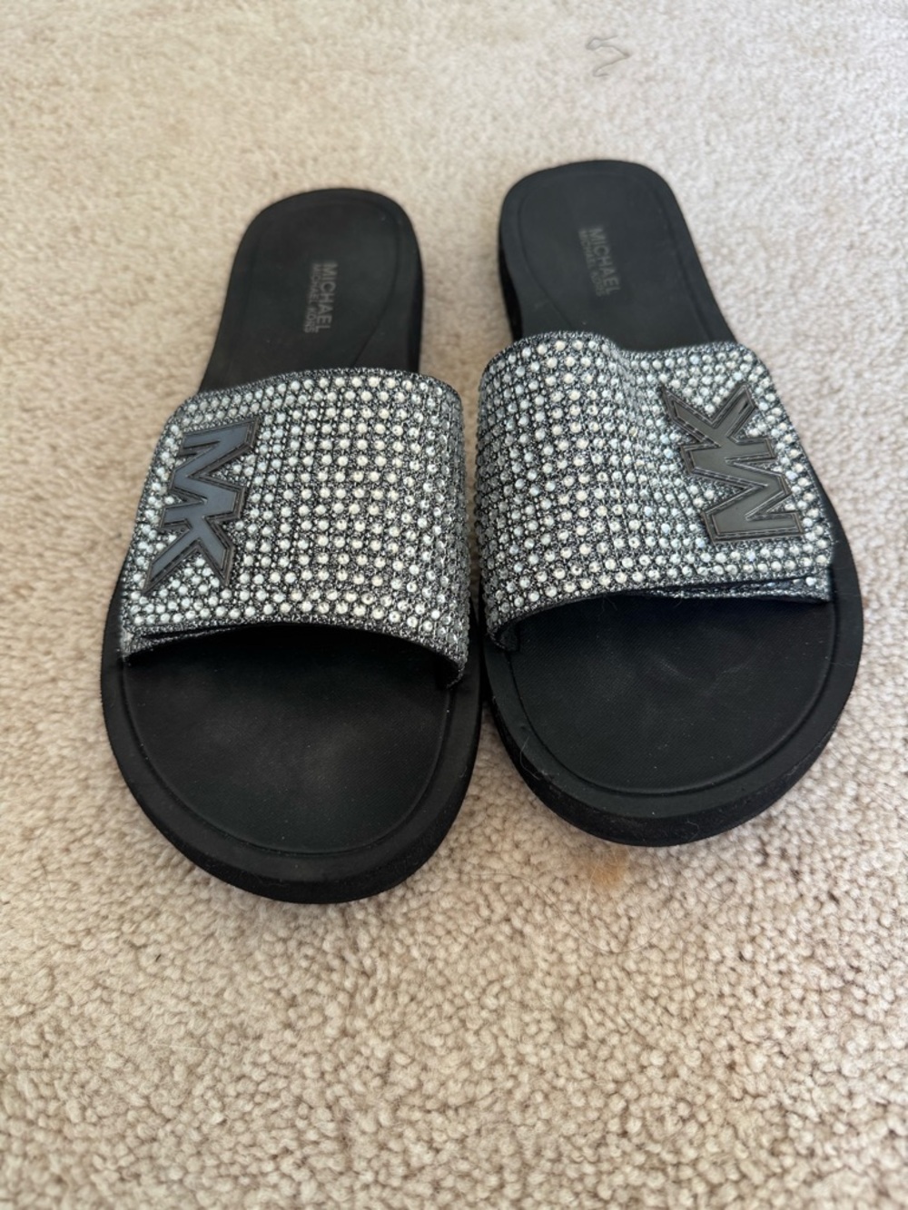 Michael Kors Black Slide Sandals with Silver Crystal Embellishment